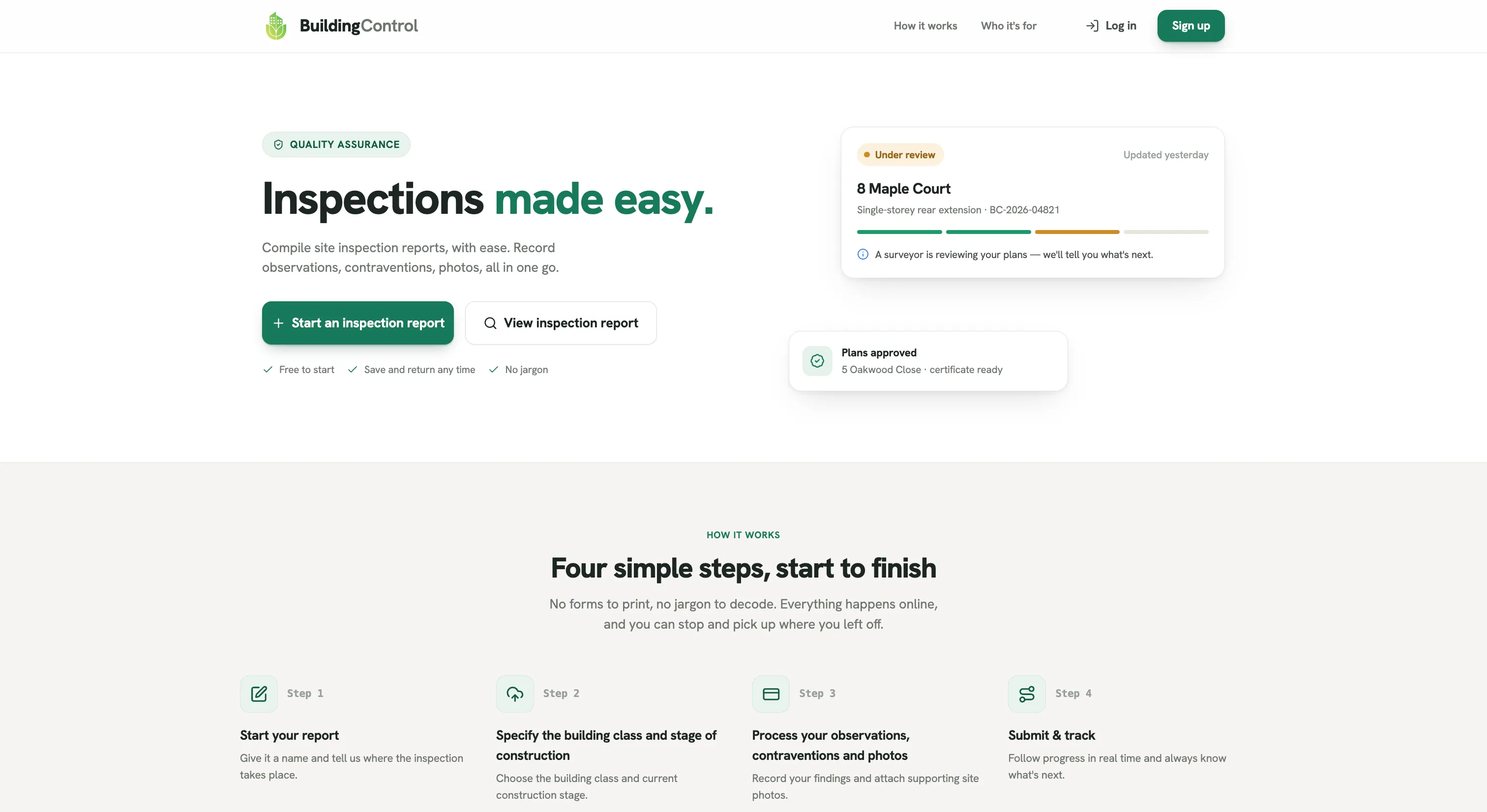 Building Control homepage with inspection-report actions and example application status cards.
