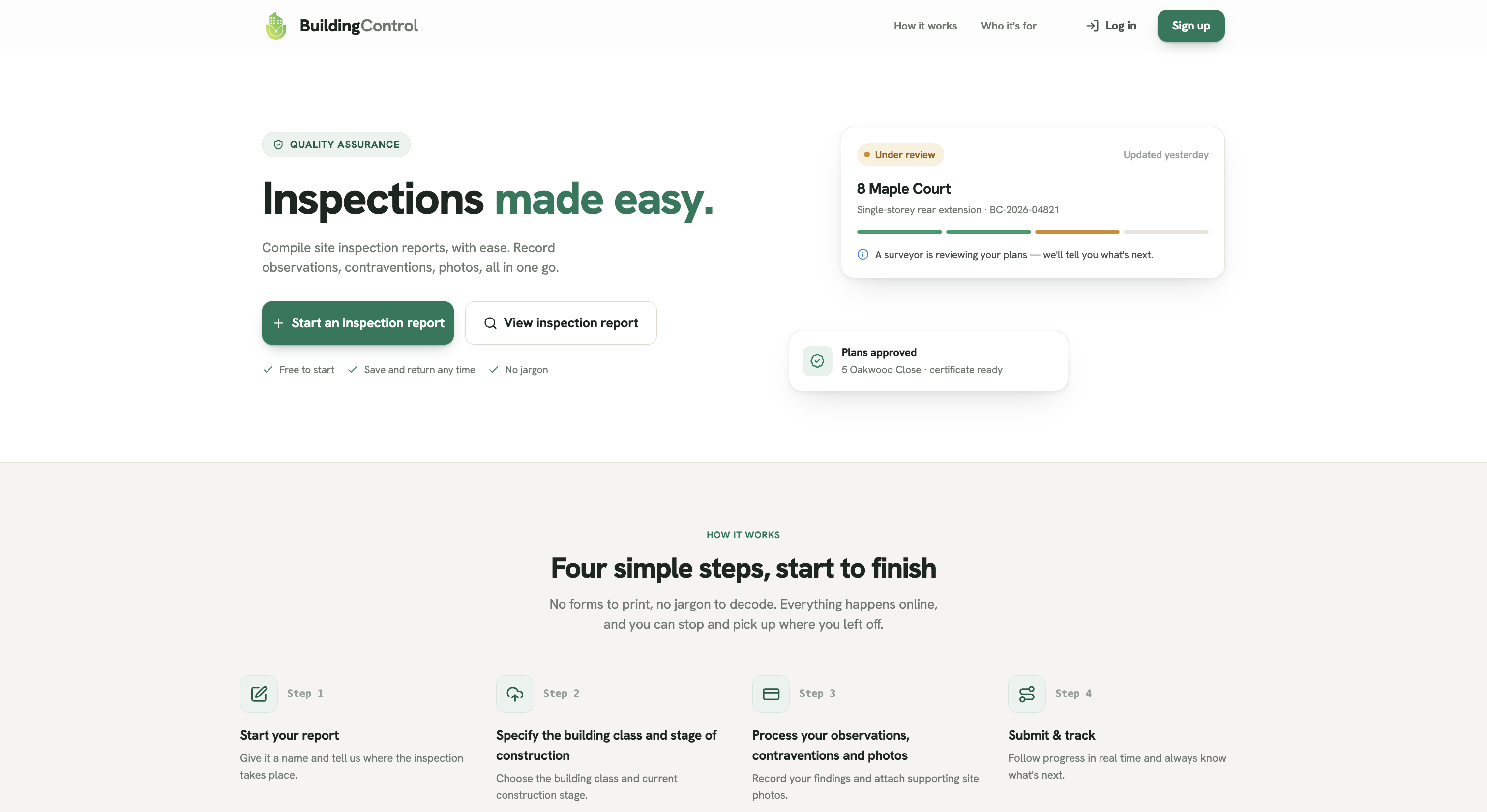 Building Control homepage with inspection-report actions and example application status cards.